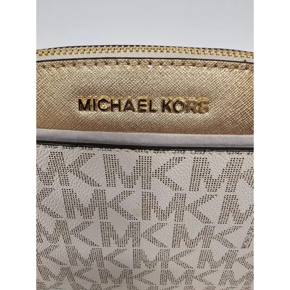 Michael Michael Kors Vanilla and Pale Gold Logo Print Leather Emmy Crossbody Bag